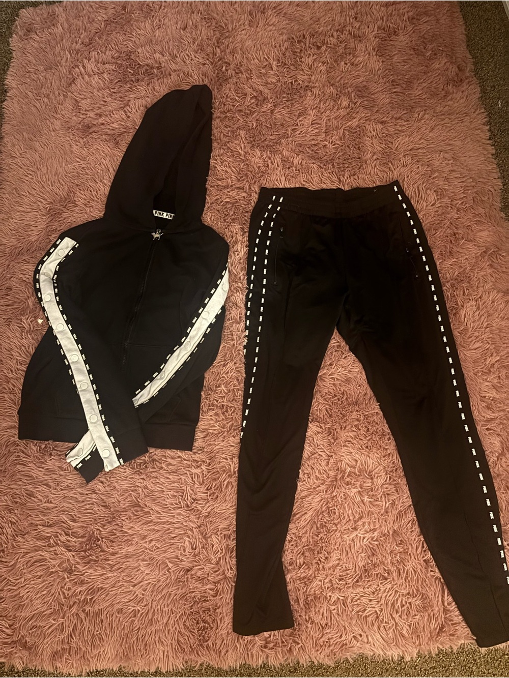 PINK Victoria's Secret Black Hoodie & Jogger Set with White Trim